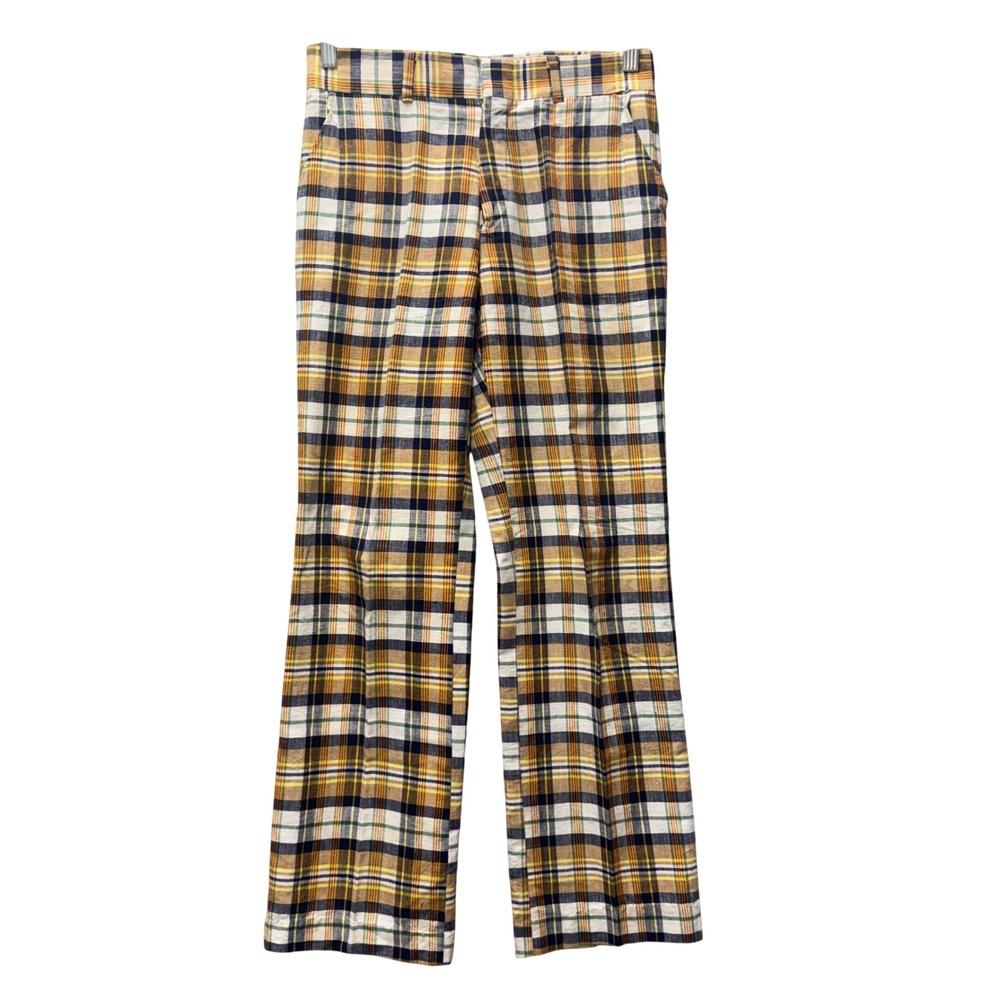 Vintage Rifle Neiman Marcus Mens Plaid Madras Trousers Yellow Tan Navy 29x29.5